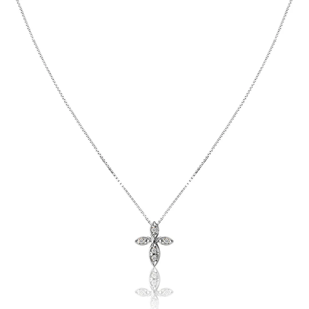 14K White gold cross necklace with diamonds