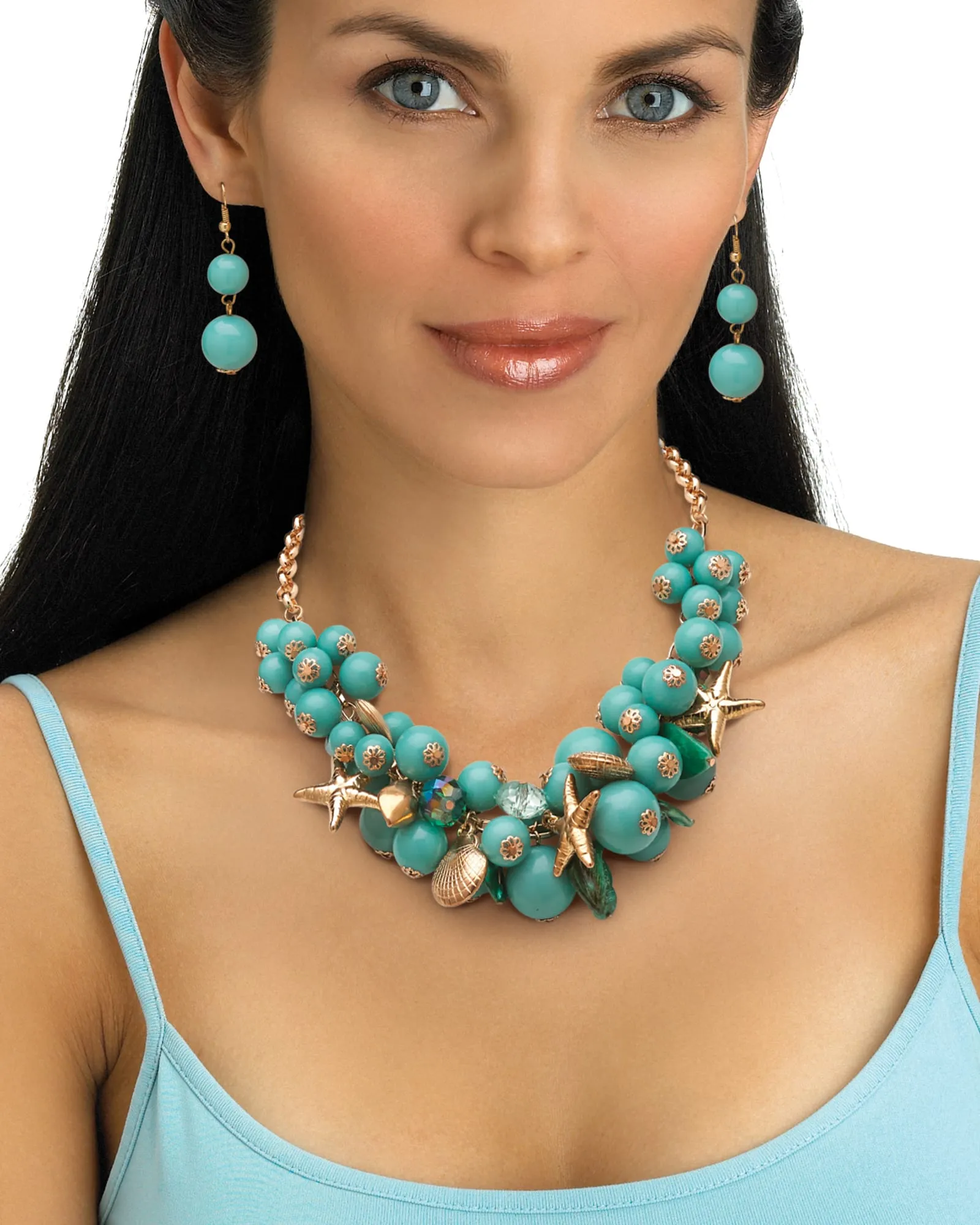 2 Piece Sea Life Jewelry Set in Yellow Gold Tone | Turquoise/Aqua