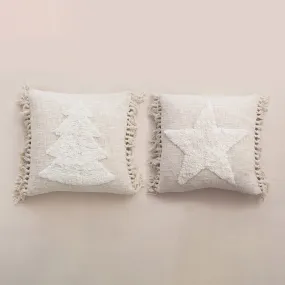 20" Square Cotton Blend Punch Hook Pillow with Tassels, Cream Color, 2 Styles