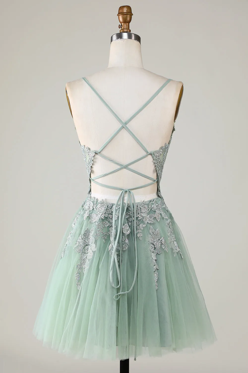 A Line Spaghetti Straps Blush Short Homecoming Dress with Criss Cross Back