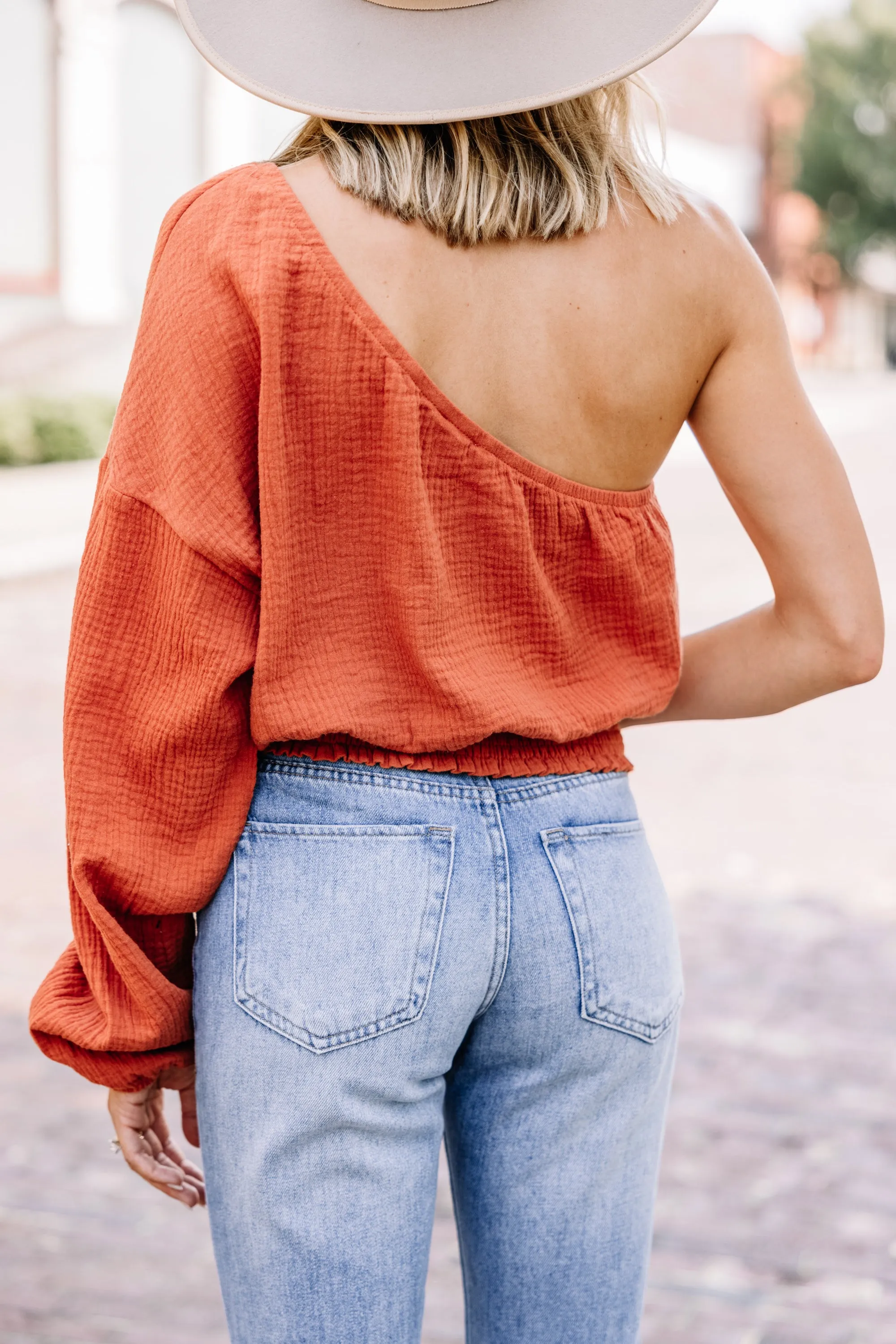 All Attitude Rust Orange One Shoulder Top