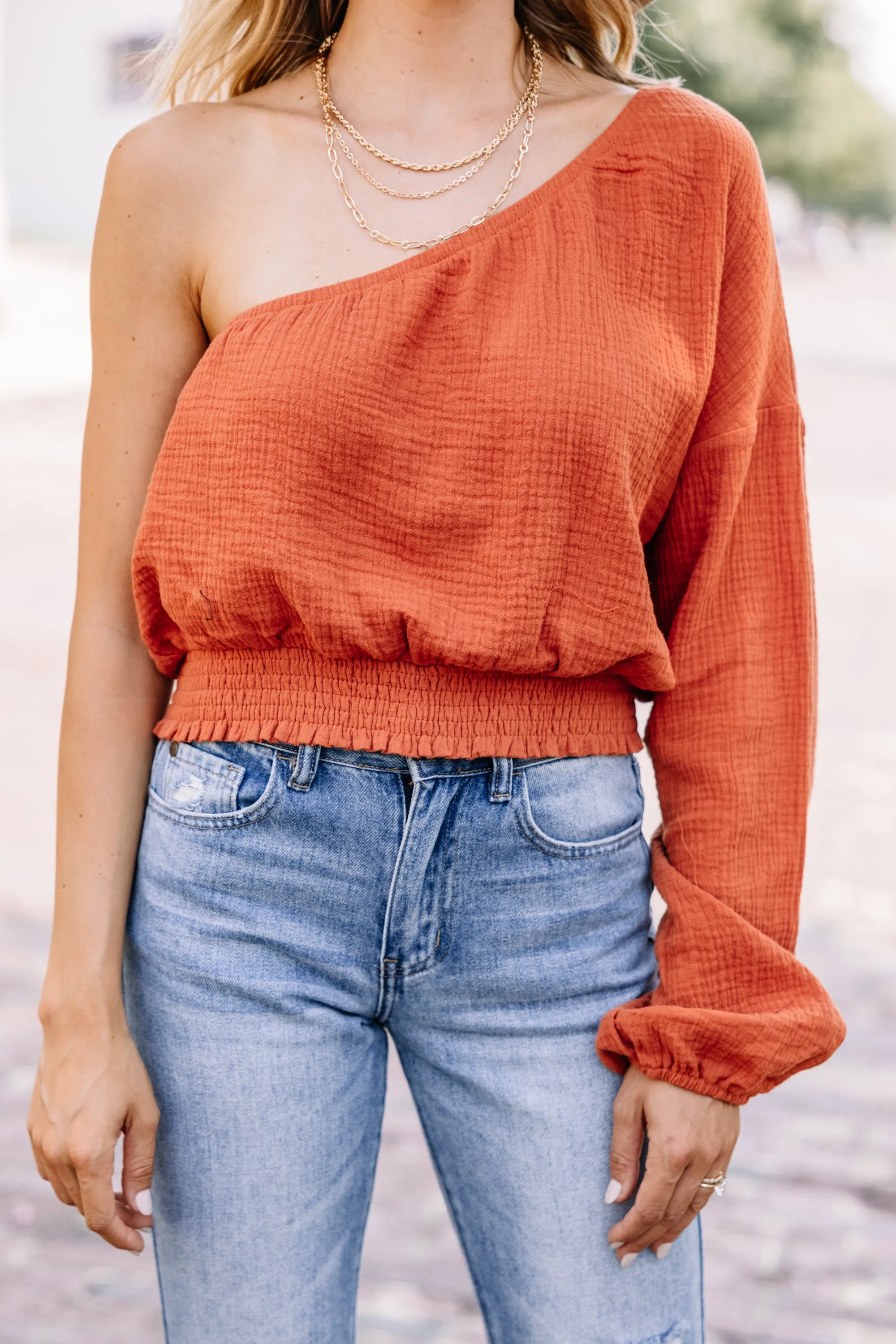 All Attitude Rust Orange One Shoulder Top
