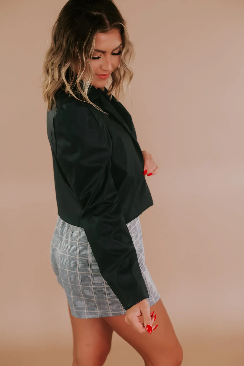 Bad Babe Cropped Leather Blazer, Black