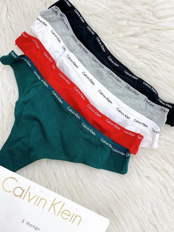 Calvin Klein Women's Signature Cotton Thong 5 Pack Panty White/Black/Grey/Red/Green QD3712-960