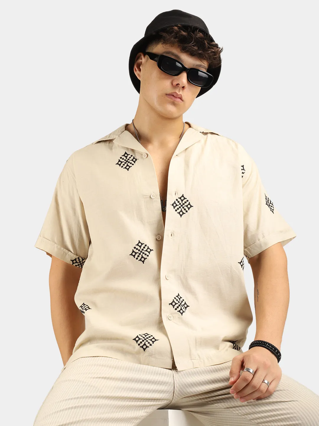 Contrast Beige Half Sleeves Shirt