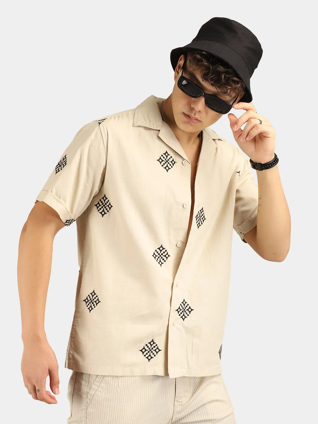 Contrast Beige Half Sleeves Shirt