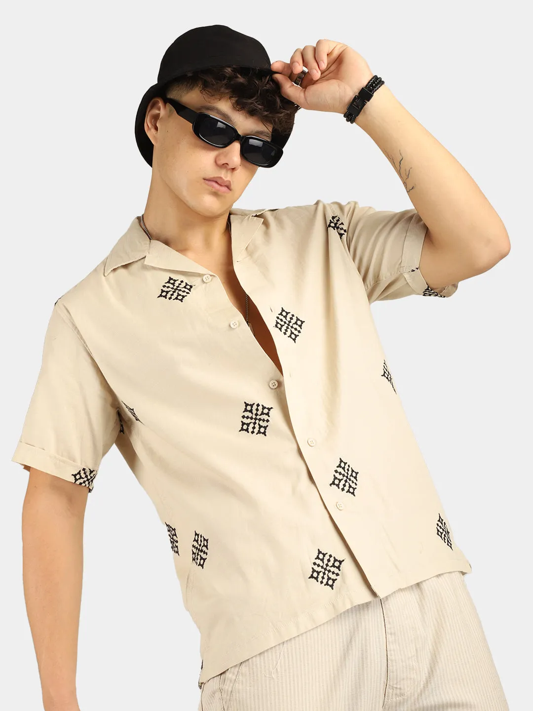 Contrast Beige Half Sleeves Shirt