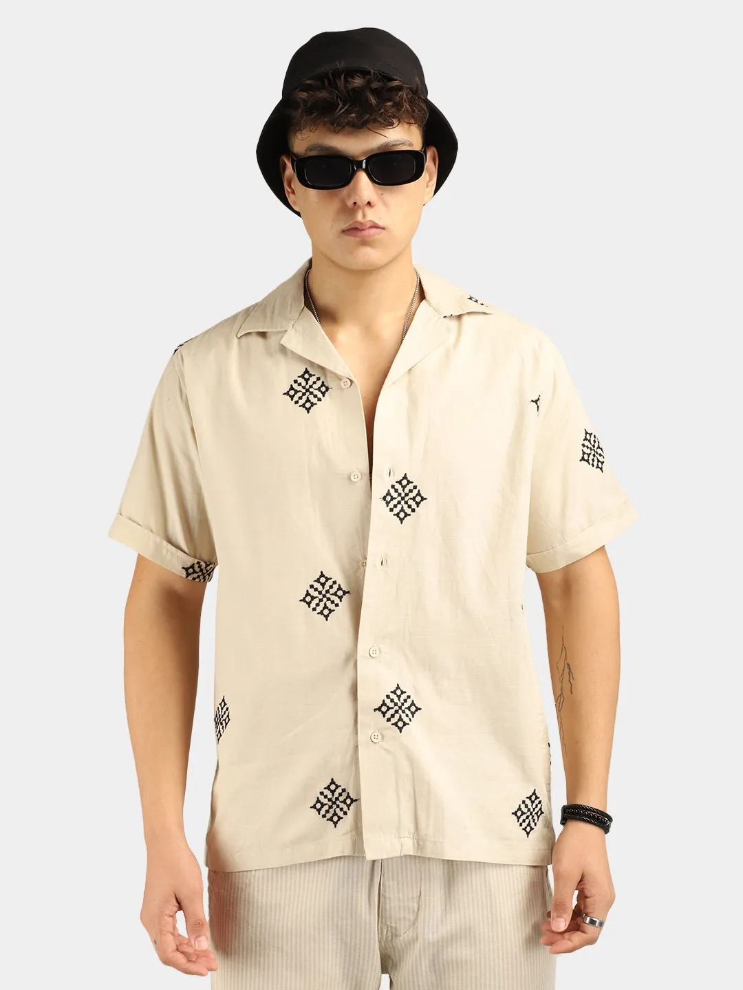 Contrast Beige Half Sleeves Shirt
