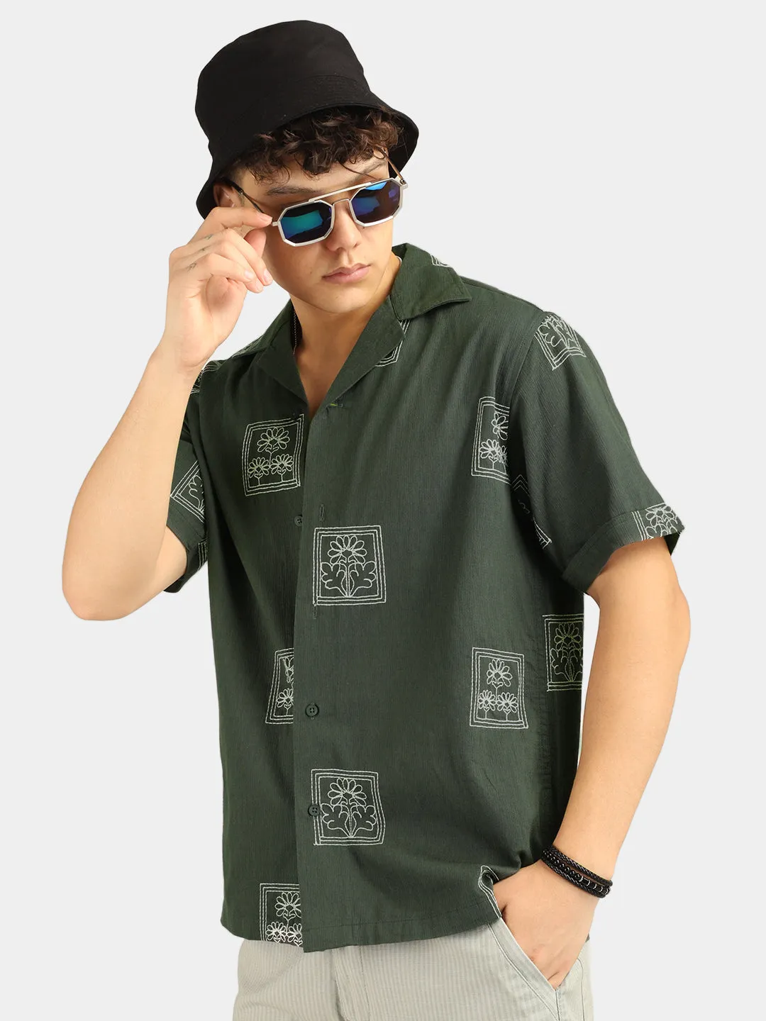 Contrast Olive Half Sleeves Shirt
