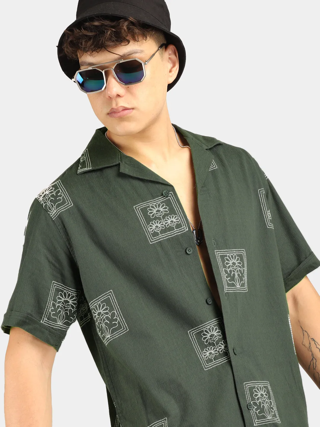 Contrast Olive Half Sleeves Shirt