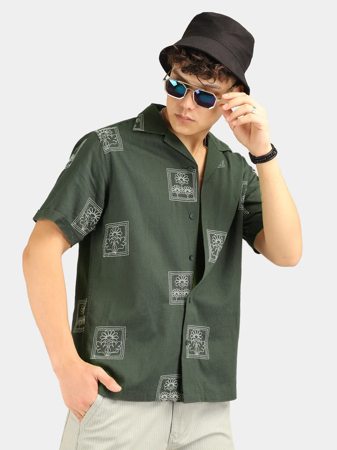 Contrast Olive Half Sleeves Shirt