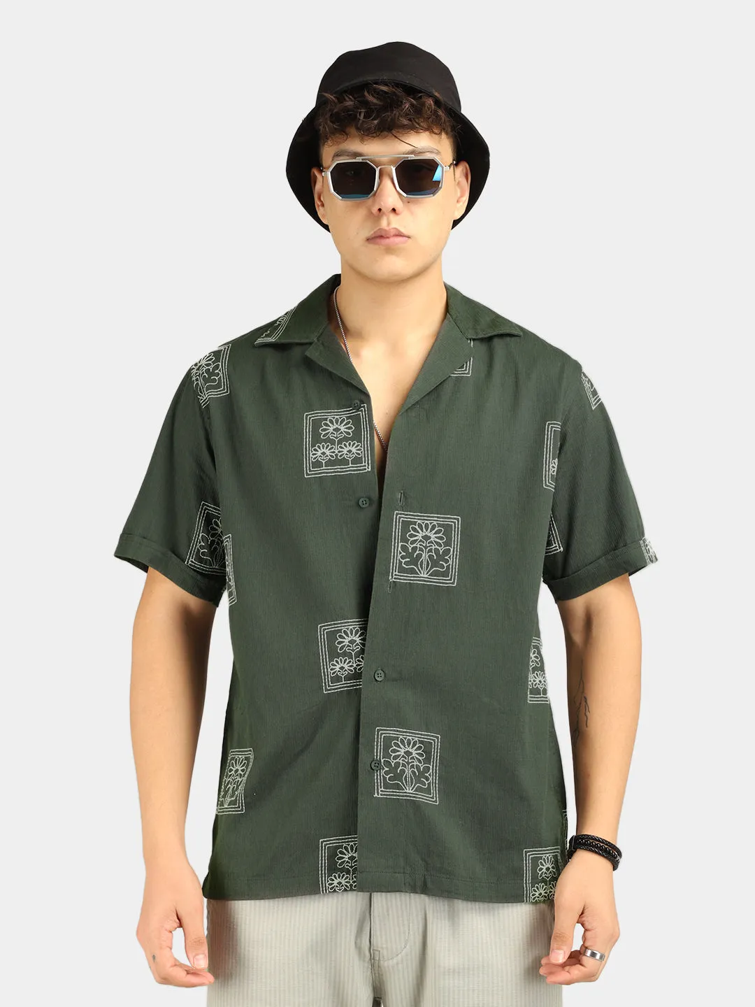 Contrast Olive Half Sleeves Shirt