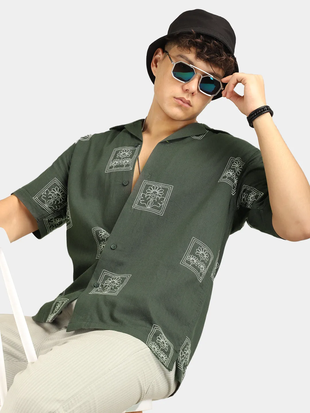 Contrast Olive Half Sleeves Shirt