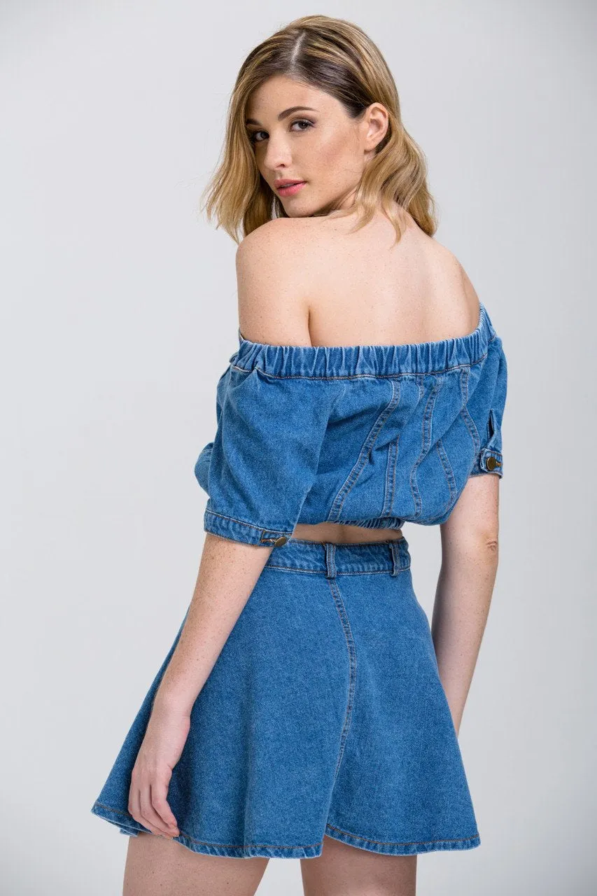Denim Off the Shoulder Button Up Top and Mini Skirt Set
