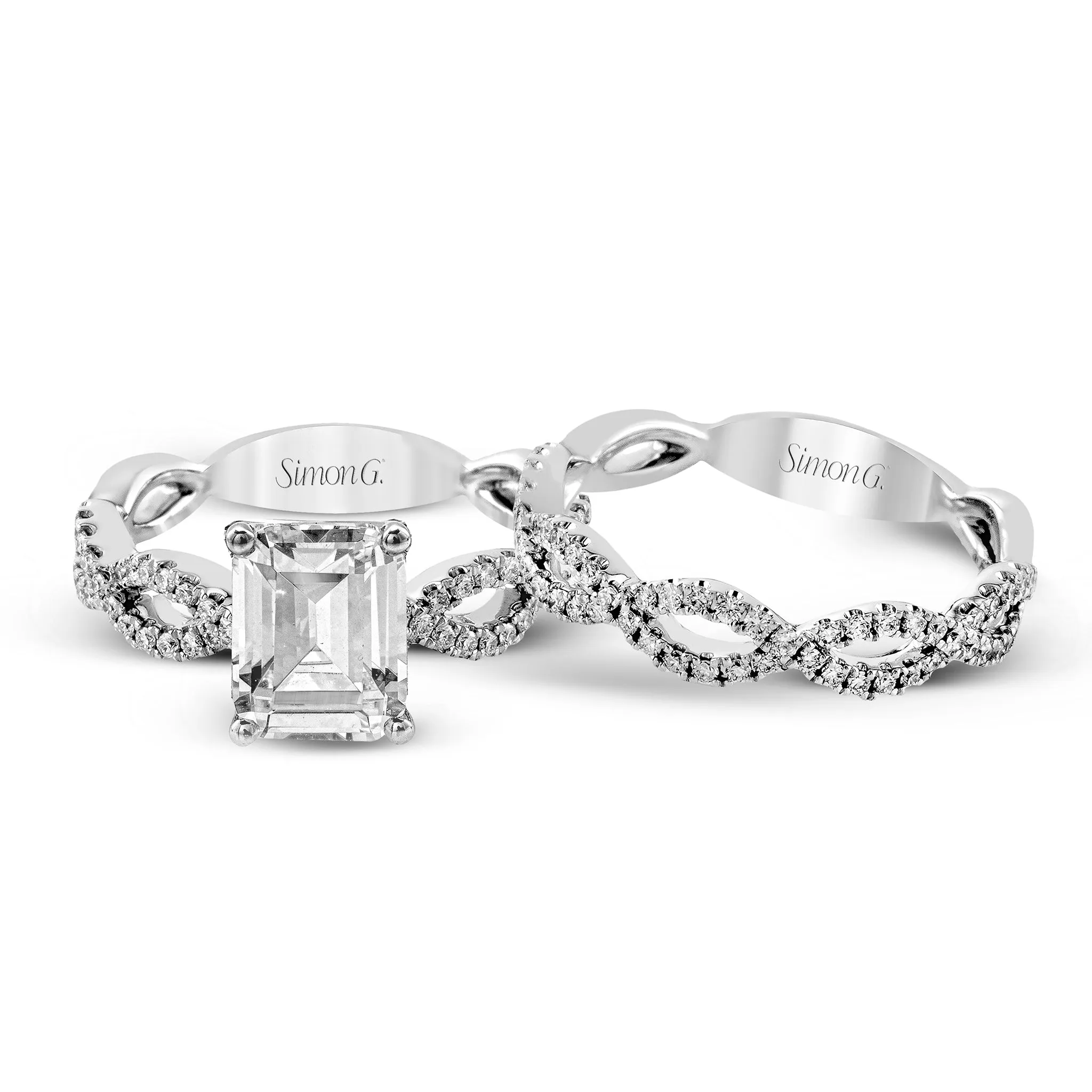 Emerald-cut Criss-cross Engagement Ring & Matching Wedding Band in 18k Gold with Diamonds