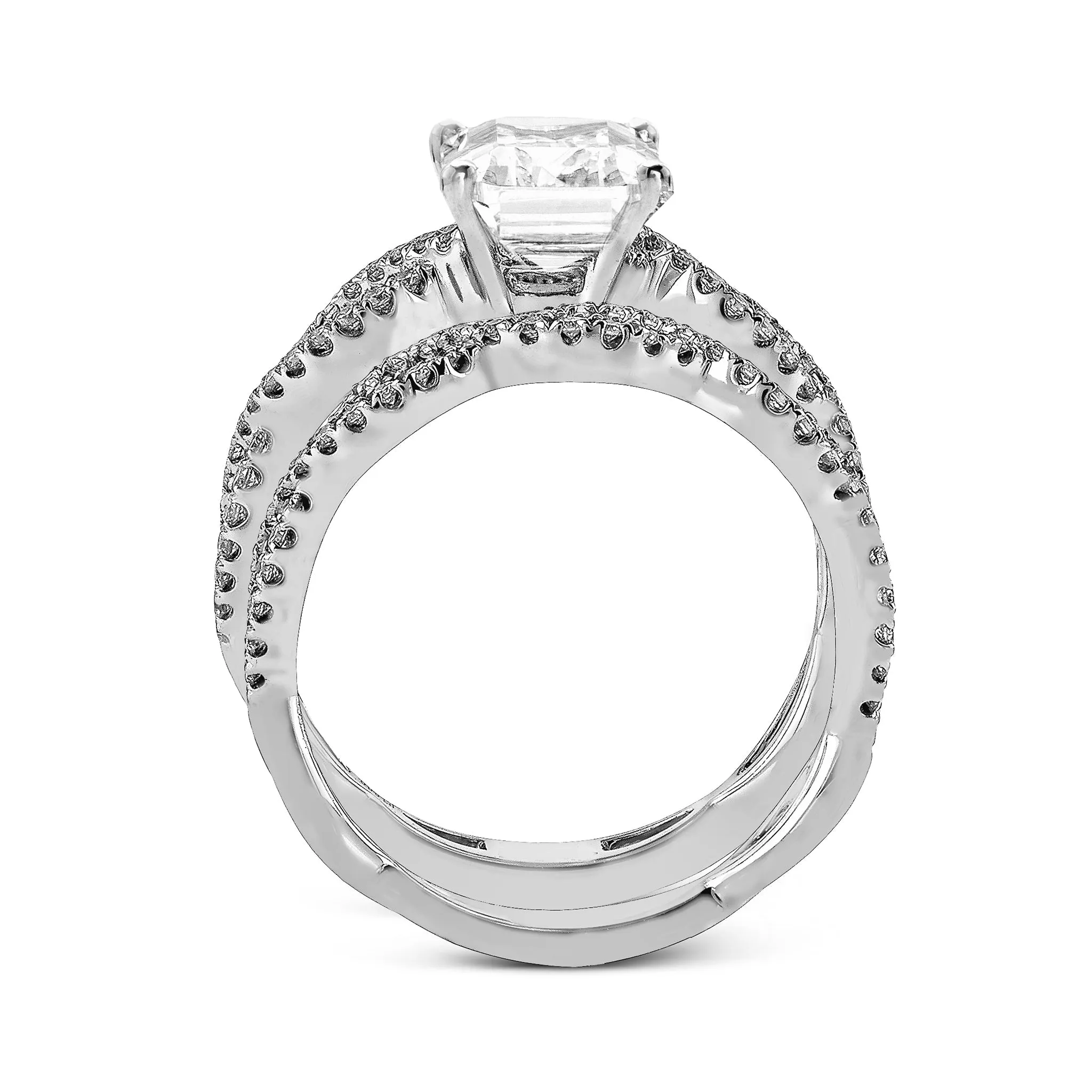 Emerald-cut Criss-cross Engagement Ring & Matching Wedding Band in 18k Gold with Diamonds