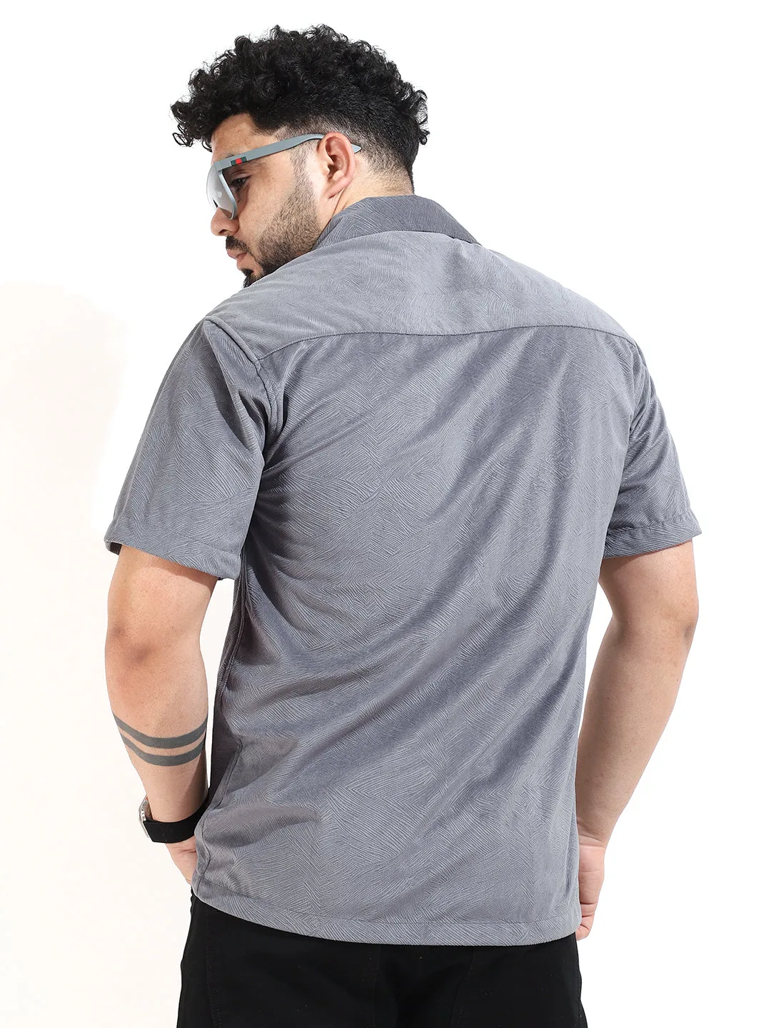 Grey Corduroy Velvet Half Sleeve Shirt