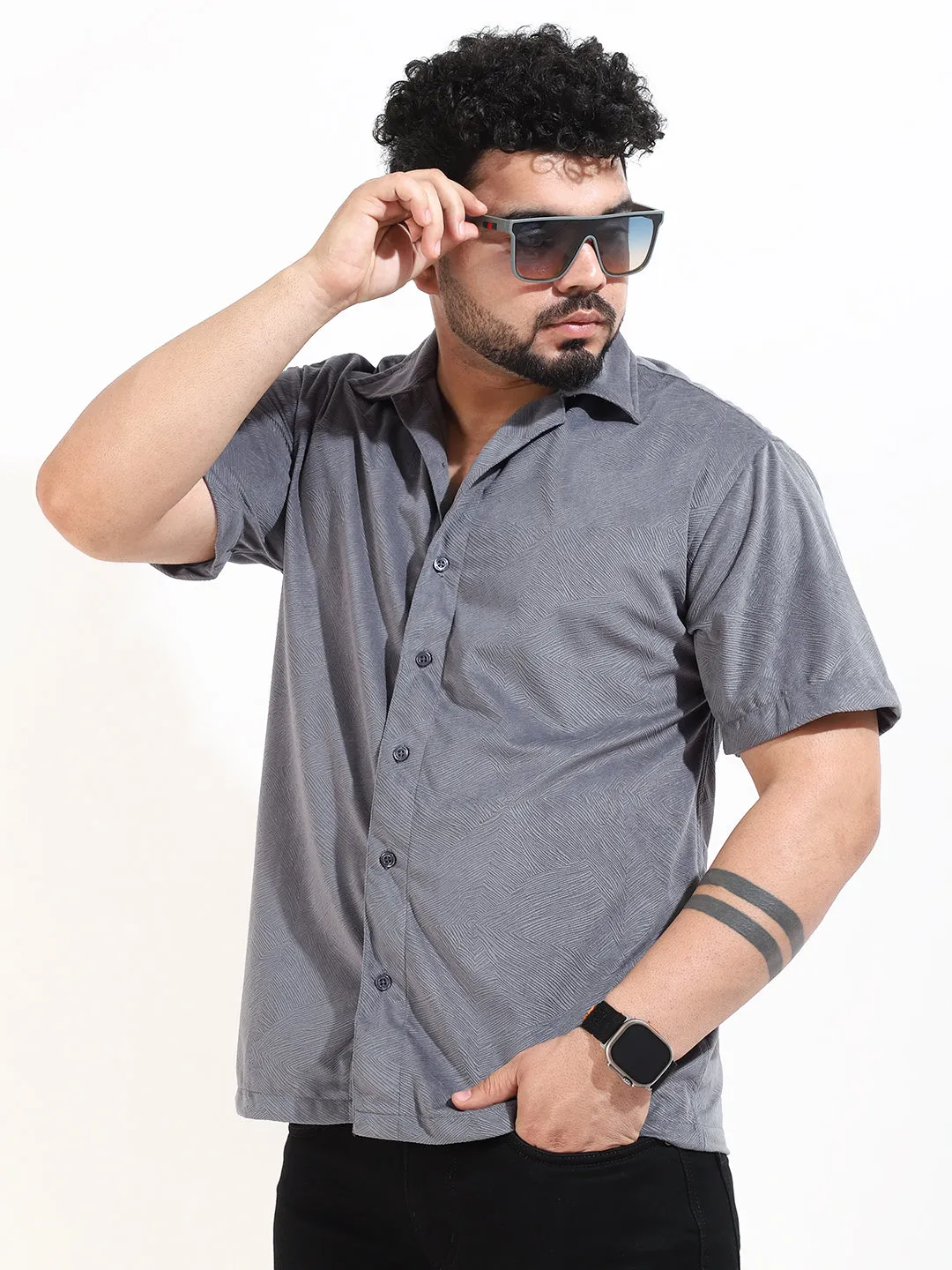 Grey Corduroy Velvet Half Sleeve Shirt