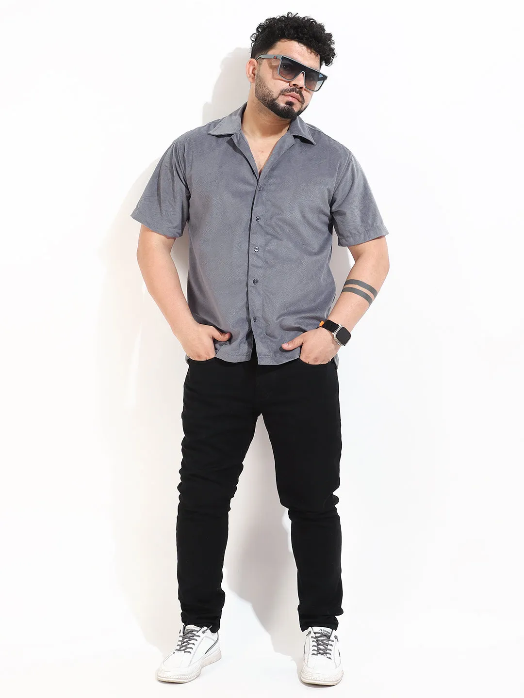 Grey Corduroy Velvet Half Sleeve Shirt