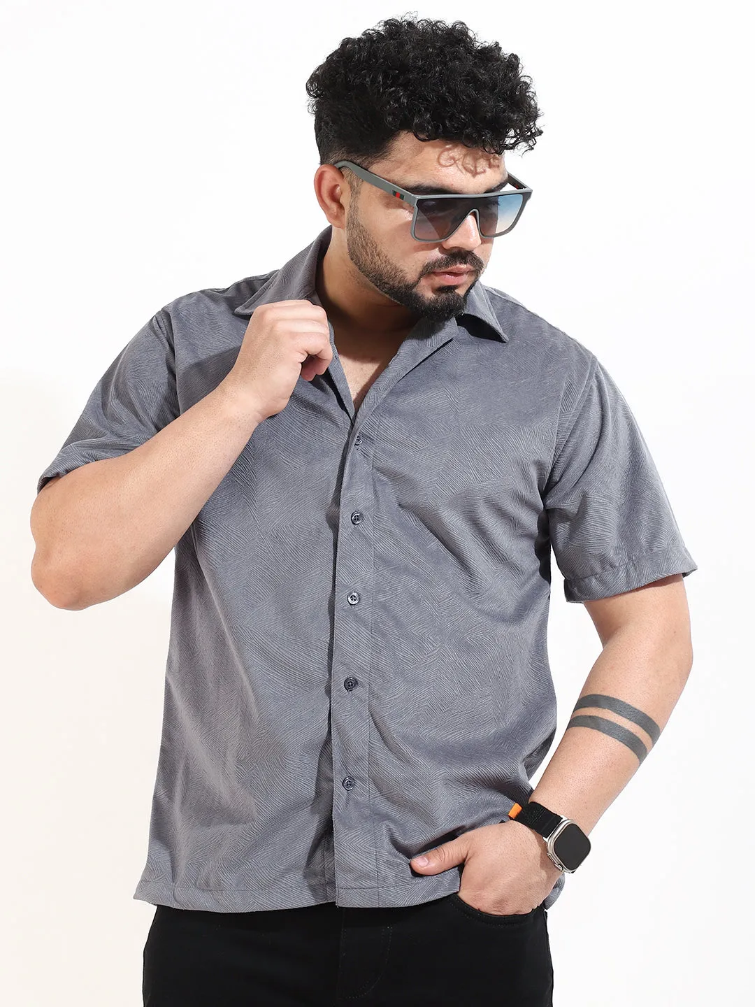 Grey Corduroy Velvet Half Sleeve Shirt