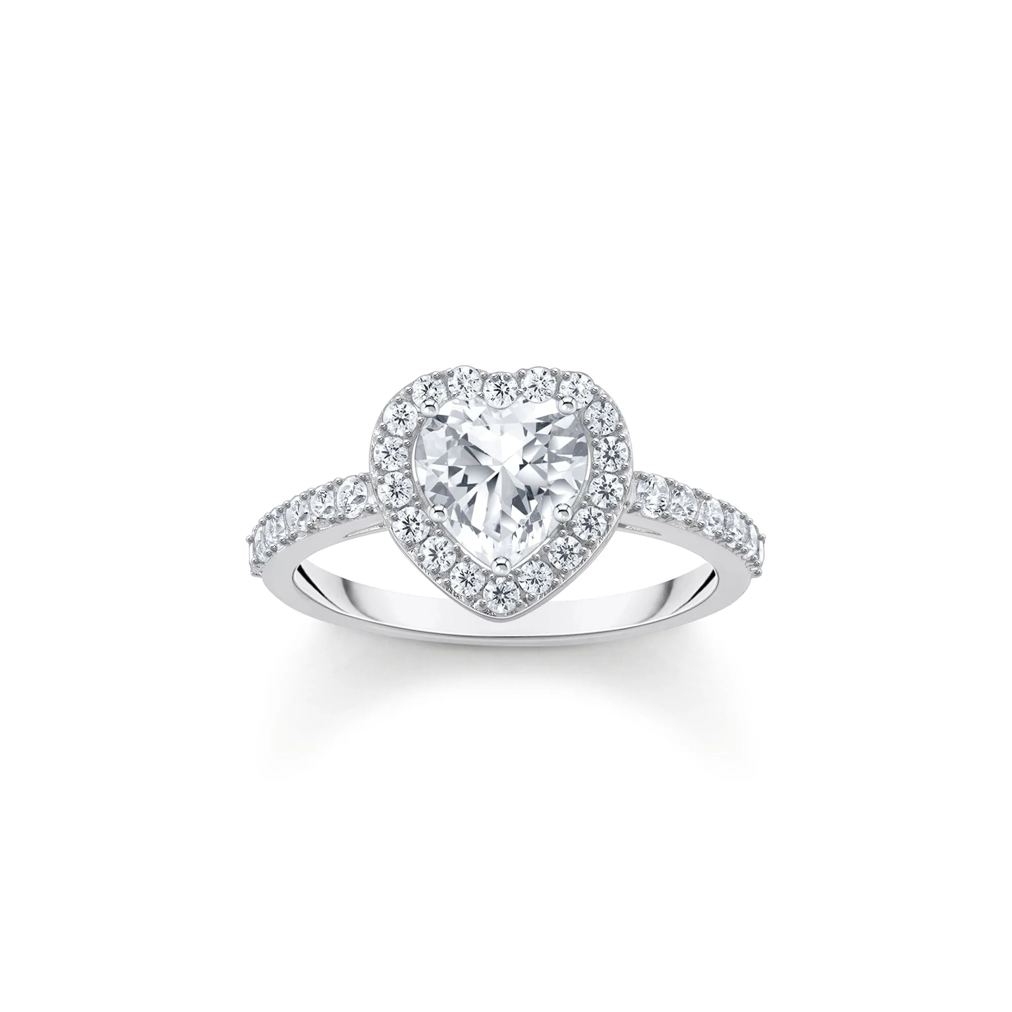 Halo ring with white, heart-shaped zirconia