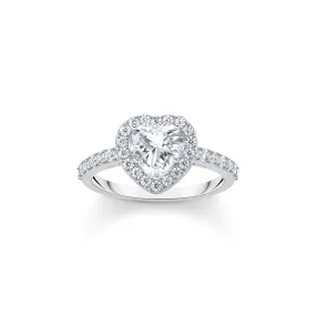 Halo ring with white, heart-shaped zirconia