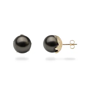 Hawaiian Heirloom Maile Leaf Tahitian Black Pearl Earrings in Gold  - 13-14mm
