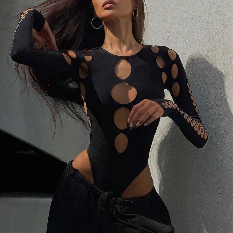 'Hold Back' Black Alt Hollow Out Design Bodysuit