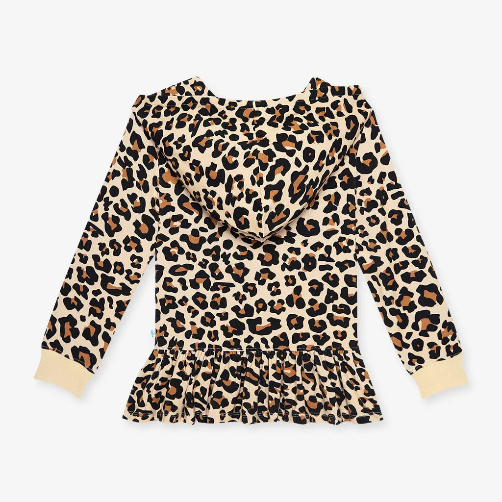 Lana Leopard Tan French Terry Long Sleeve Ruffled Zippered Hoodie