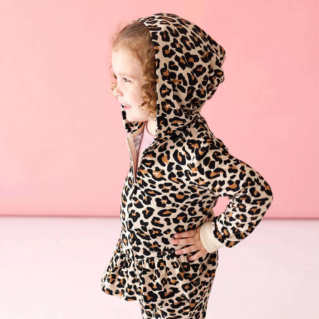 Lana Leopard Tan French Terry Long Sleeve Ruffled Zippered Hoodie