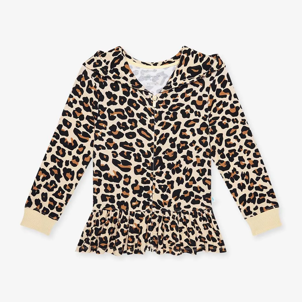 Lana Leopard Tan French Terry Long Sleeve Ruffled Zippered Hoodie