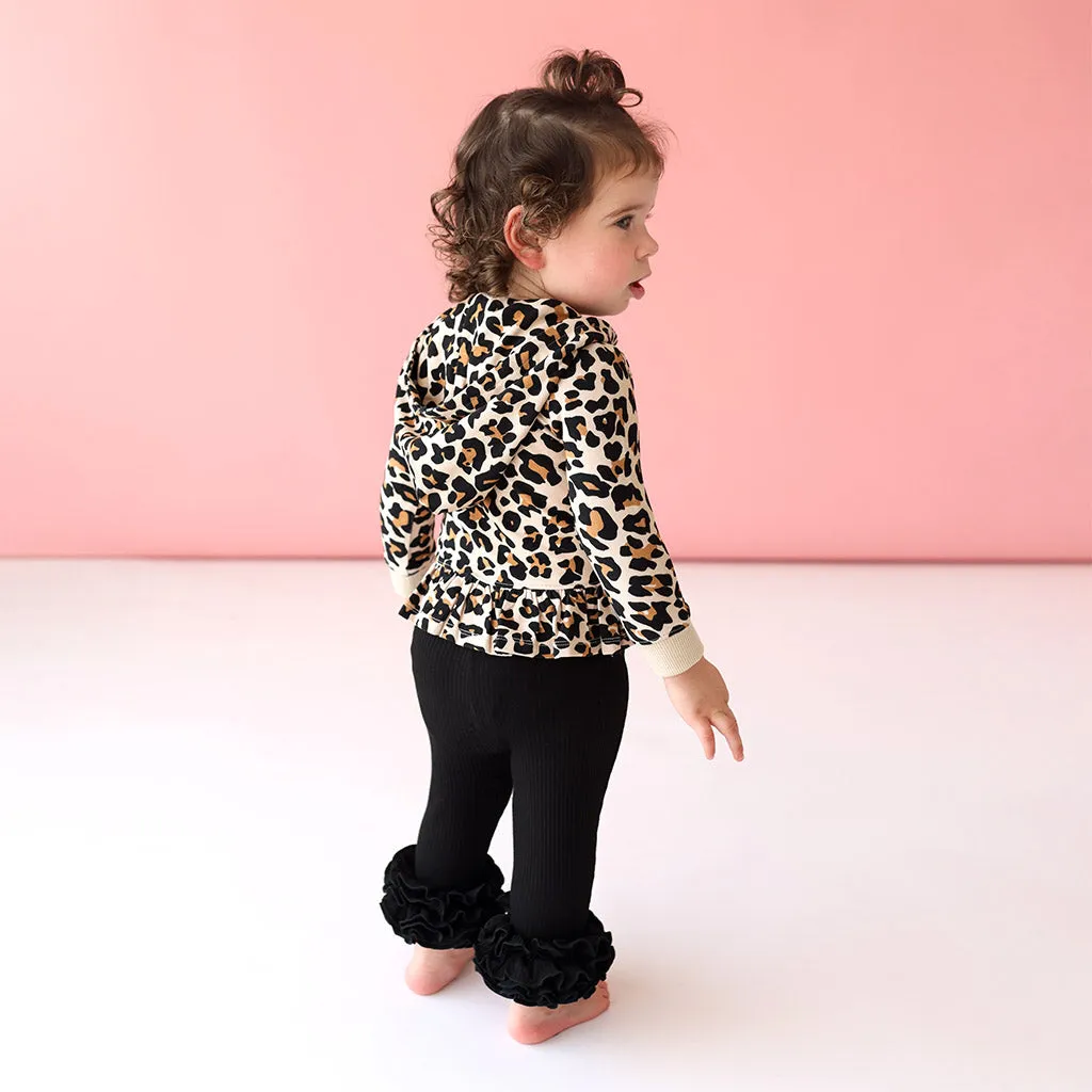 Lana Leopard Tan French Terry Long Sleeve Ruffled Zippered Hoodie