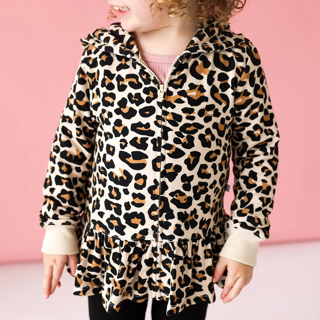 Lana Leopard Tan French Terry Long Sleeve Ruffled Zippered Hoodie