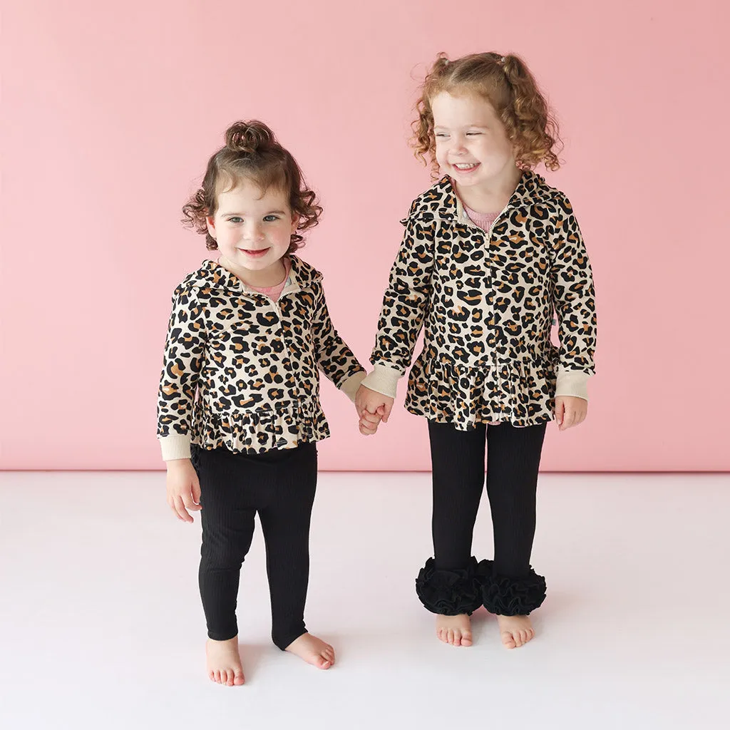Lana Leopard Tan French Terry Long Sleeve Ruffled Zippered Hoodie