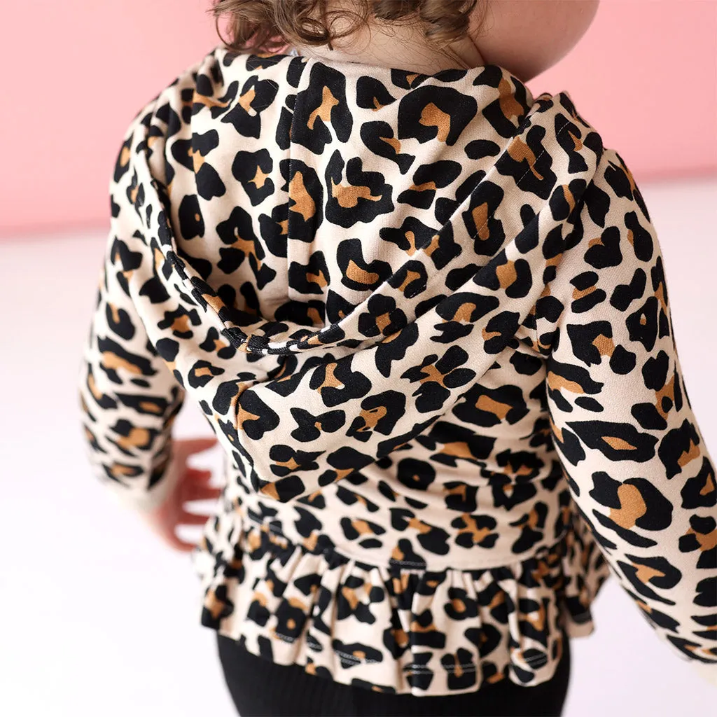 Lana Leopard Tan French Terry Long Sleeve Ruffled Zippered Hoodie
