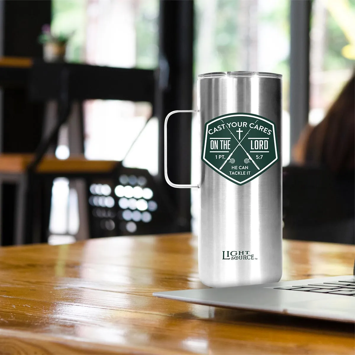 Light Source 22 oz Stainless Steel Mug With Handle Cast Your Cares