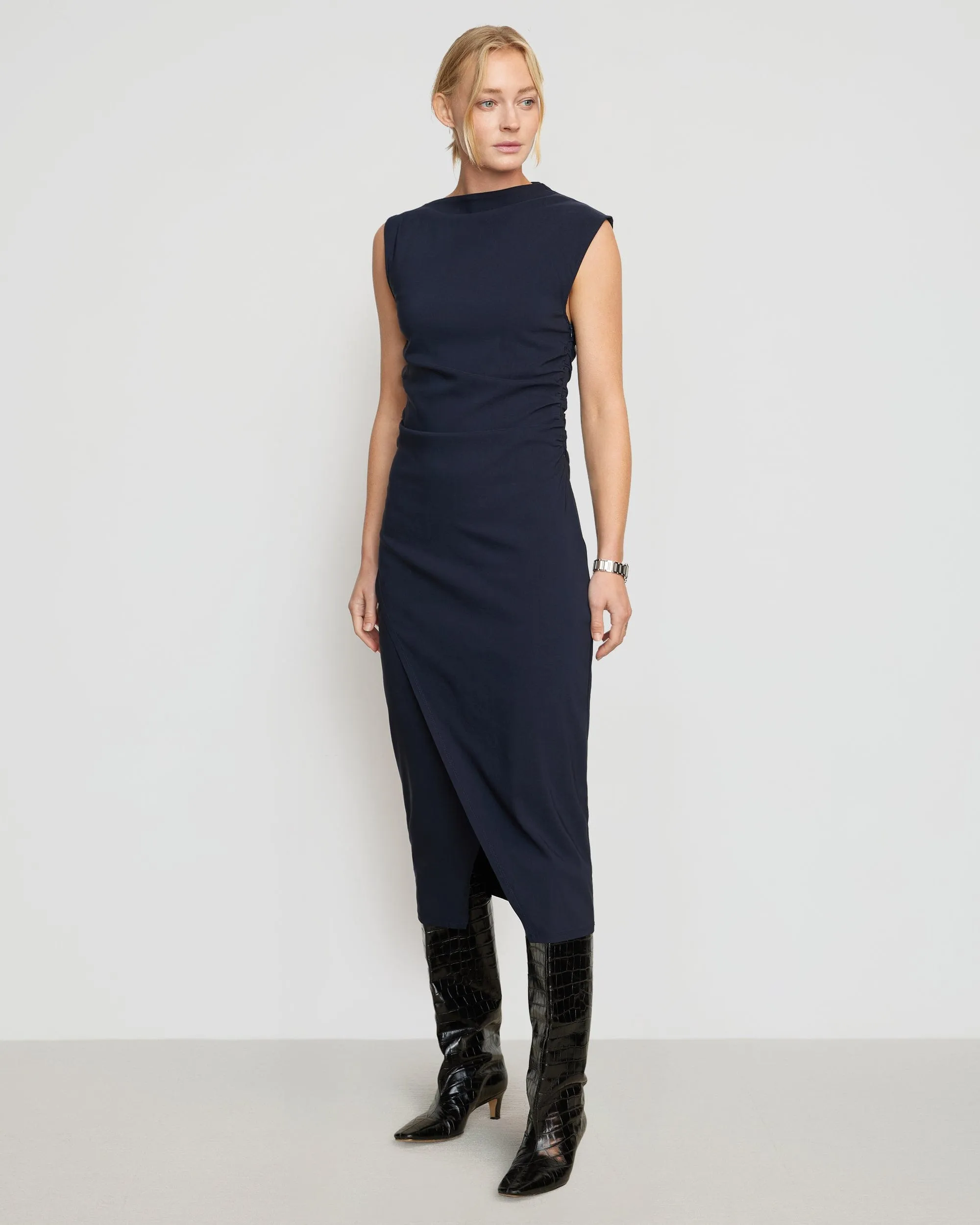 Manon Asymmetric-Neck Ruched Dress