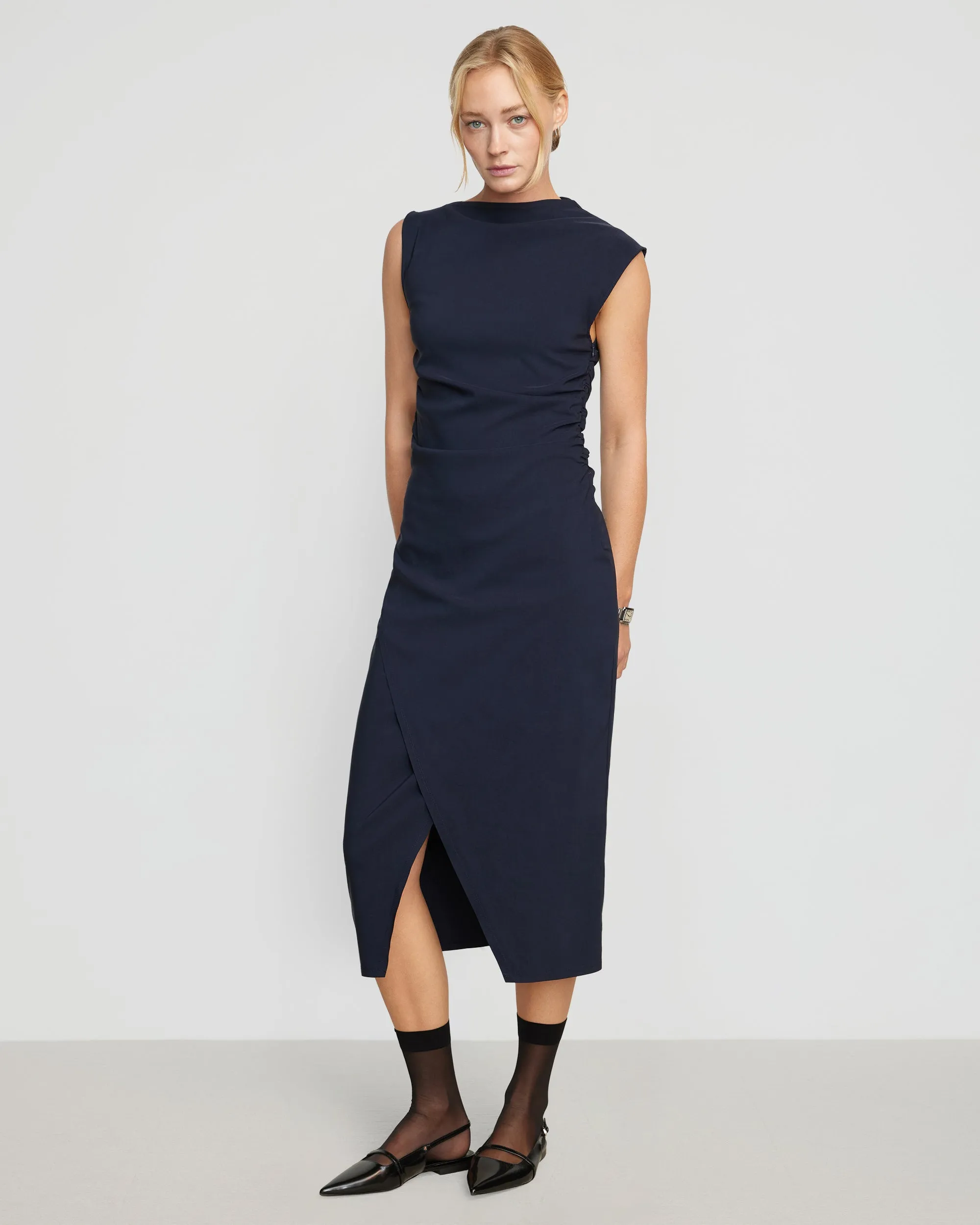 Manon Asymmetric-Neck Ruched Dress