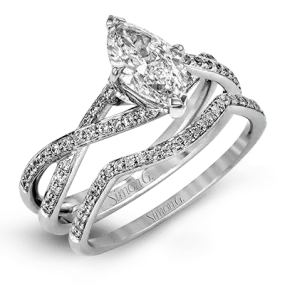 Marquise-cut Criss-cross Engagement Ring & Matching Wedding Band in 18k Gold with Diamonds