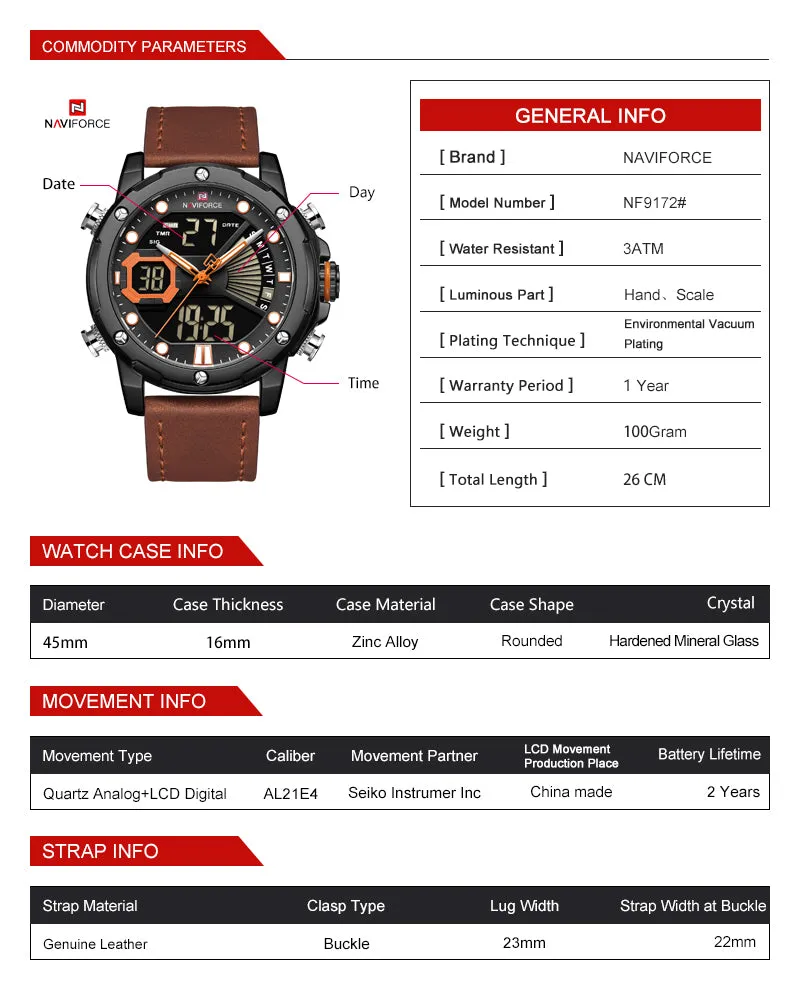NAVIFORCE Men Military Sport Digital Watch Leather Strap Waterproof Quartz Watches NF9172L