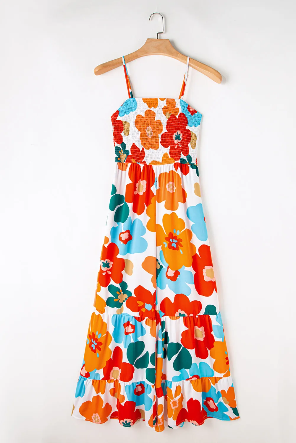 Orange Floral Spaghetti Straps Smocked Wide Leg Jumpsuit