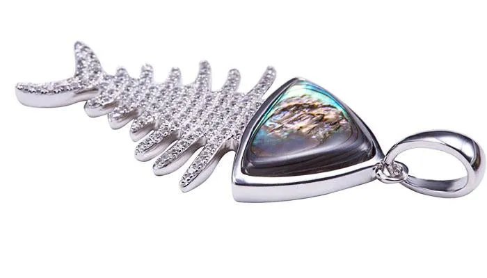 Sterling Silver Fish Bone Pave CZ with Abalone Inlaid Pendant (Chain Sold Separately)