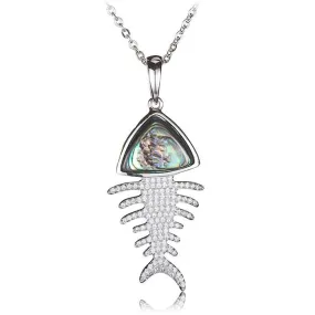 Sterling Silver Fish Bone Pave CZ with Abalone Inlaid Pendant (Chain Sold Separately)