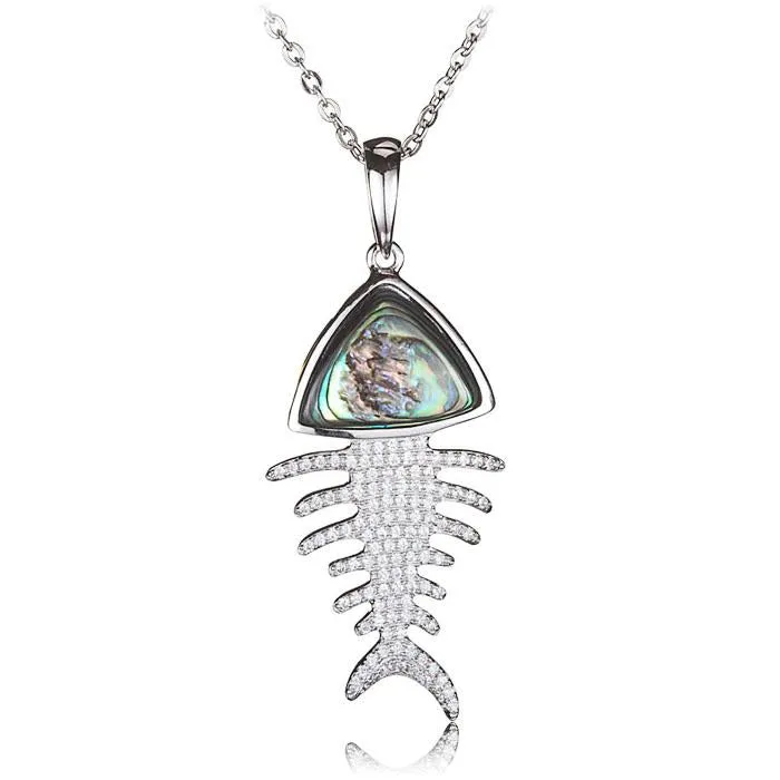 Sterling Silver Fish Bone Pave CZ with Abalone Inlaid Pendant (Chain Sold Separately)